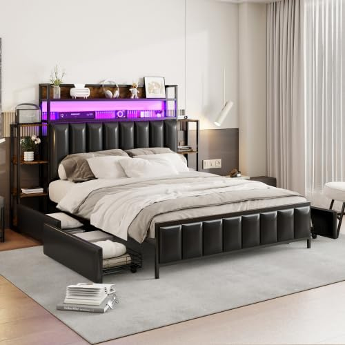 KUAKE Polsterbett 140x200 cm, Mit Mehreren Einlegeböden, Mit LED-Beleuchtung, Kommt mit Vier Schubladen, Kopfteil mit Stauraum, Bettrahmen aus Massivem Eisen, Doppelbett (Schwarz, 140x200cm)