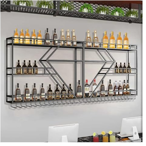 Weinregal zur Wandmontage, mit LED-Licht und 3-stöckigem Likör-Display, Barschrank mit Glashalter, hängendes Weinglasregal für Zuhause, Bar, Esszimmer, Café, Küche, Schwarz (200 x 20 x 86 cm)