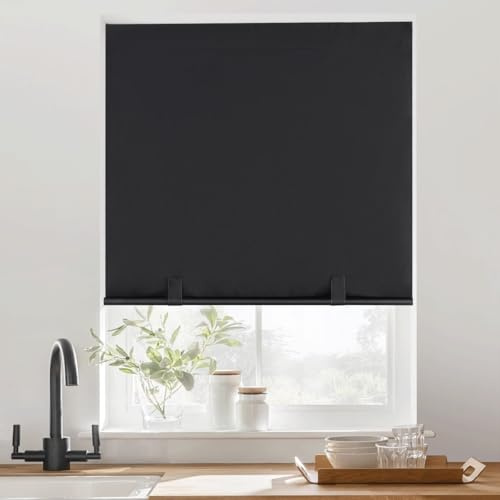 RYB HOME 100% Blackout Blinds for Windows, No Drill Roller Shades, Stick On Window Blinds, Cordless Cut to Size with Magnetic Tie-Backs for Bedroom/Bathroom/French Door, W36 x L72, Black