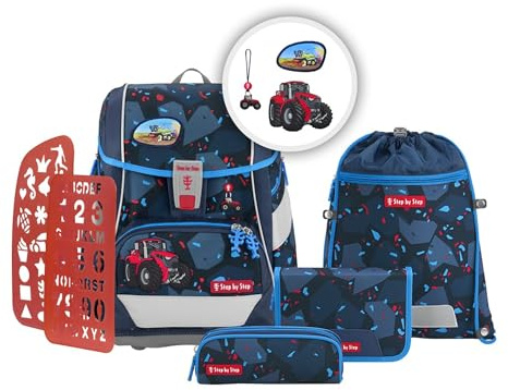 Step by Step Schulranzen-Set 2IN1 Plus „Tractor Freddy“ 6-teilig, blau, Traktor-Design, ergonomischer Tornister mit Reflektoren, höhenverstellbar mit Hüftgurt für Jungen ab der 1. Klasse, 19L