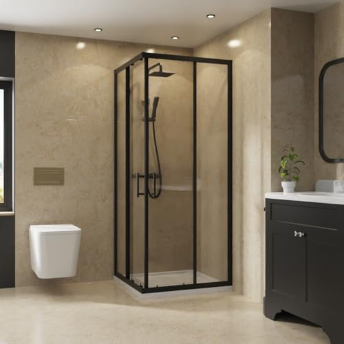 NRG 700 x 700mm Bathroom Square Corner Entry Shower Enclosure with Double Sliding Doors 6mm Safety Glass Black Framed