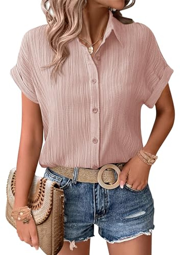 Zeagoo Camisa de manga corta con botones para mujer, estilo casual, holgada, con bolsillo en el pecho, cuello en V, para verano