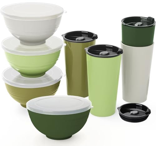 Greentainer Set di 4 ciotole e tazze infrangibili per cereali, con coperchi, ciotola leggera in plastica e tazza, lavabili in lavastoviglie e adatti al microonde, stoviglie da campeggio, servizio per