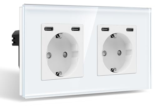 CNBINGO Doppelsteckdose Unterputz mit USB-C Schnellladen, Glas Weiß | Schuko Steckdose mit 20W Schnellladen TypC Anschluss, 2-Fach Wandsteckdose Kindersicherung, Glasrahmen, Horizontal/ Vertikal