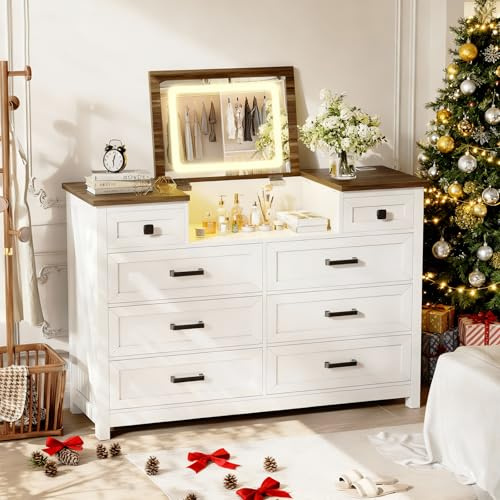 BROTTAR Chest of Drawers Bedroom with Adjustable Lights, Vanity Desk with Mirror and 8 Drawers, Dressing Table with Charging Station and Intelligent Body Sensor for Bedroom Living Room, White