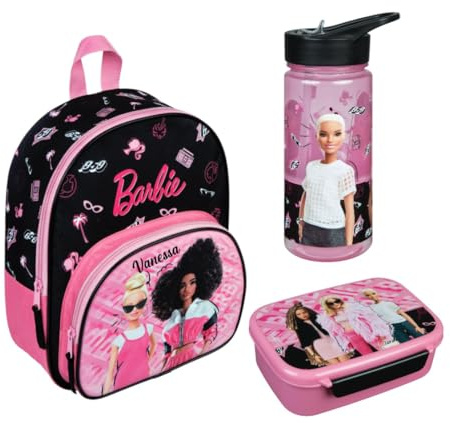 Undercover Kindergartenrucksack Mädchen Barbie mit Brotzeitdose Trinkflasche - Personalisiert mit Name - Set Kinderrucksack mit Brotdose Trinkbecher