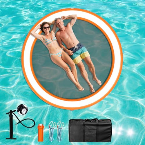 Inflatable Dock Platform 8ft Inflatable Water Hammock Deck for Lake Cupholder Round Ring Sunchill Float Ring Pool Float Raft Lounger Island Platform Pad DYOran240