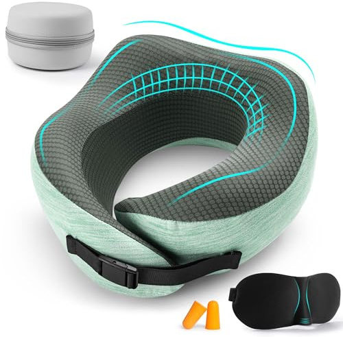 Almohada de Viaje, Cojin Cuello Viaje Fabricado con Espuma Viscoelástica, Reposacabezas Coche Compacta y Ajustable, Accesorios útiles Para Viajes, Oficina, Viene con Caja de Almacenamiento (verde)