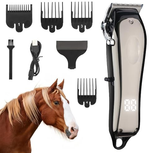 Schermaschine Pferd, Leise Pferdeschermaschine für Dickes und Verfilztes Haar, Pferde Schermaschine mit 4 Aufsätzen, Schere für Tierhaare für Pferde Hunde, Katzen, Kaninchen