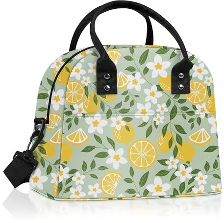 Clastyle Summer Women Lunch Box Bag Leaf Large Camping Adult Lunch Tote Insulated Cooler Bag for Office Work Picnic,Lemon Flower