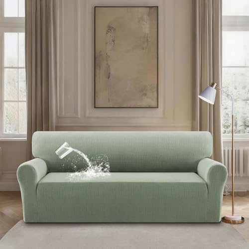 BellaHills Wasserdicht Sofa überzug, Super Elastisch Sofabezug Mit Armlehnen Waschbarer, Sofaschoner rutschfest für Hunde Katzen und Haustiere, Seegras Grün, Übergröße 3 Sitzer(205-240CM)