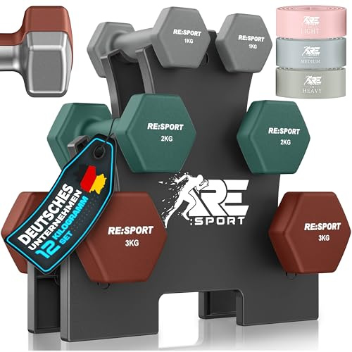 RE:SPORT® Hantelset 3 Paar, 1kg - 5kg, 12kg oder 18kg mit 3x Fitnessbänder | Rutschfeste Neopren Kurzhanteln für Damen & Herren inkl. Ständer | Hanteln Hantel-Set Workout Fitness Krafttraining