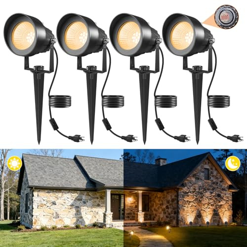 TSUNESLUX Landscape Spot Lights Outdoor, Dusk to Dawn Outdoor Lighting with IP65 Waterproof, Auto On/Off 3000K Warm White Plug in Spotlight for Yard Tree Wall Pathway Flag Pole House, 4 Pack