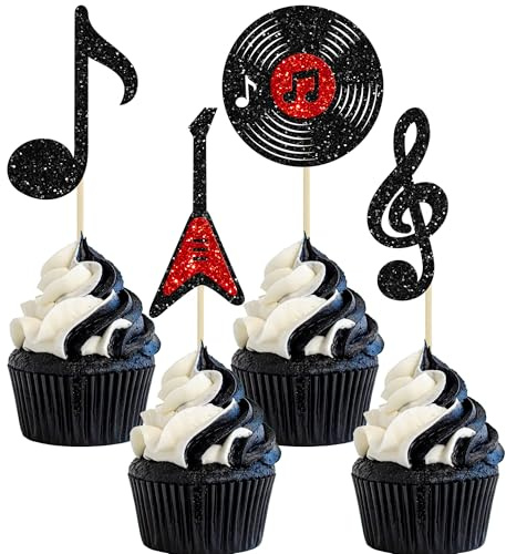 Ephlyn 24Pcs Music Notes Cupcake Toppers Glitter Guitar Rock Cupcake Picks Vinyl Record Cake Decorations for Retro Rock and Roll Music Theme Baby Shower Kids Birthday Party Decorations Supplies