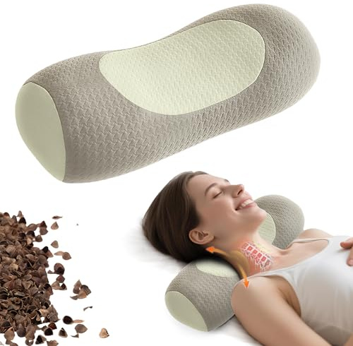 Qirelle Organic Buckwheat Cervical Neck Pillow, Adjustable Neck Roll for Sleeping, Ergonomic Neck Support Bolster for Side & Back Sleepers, Firm Support Pillow for Neck Pain Relief & Spine Alignment