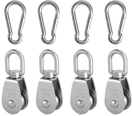 Flaschenzug Umlenkrolle Set 8-teilig, 4x M20 Edelstahl Seilrolle mit Kugellager 4x M6 Karabiner Tragkraft 75KG Rostfrei Kein Grat Pulley System für Seilwinde Sonnensegel Fitness Klettern Werkstatt