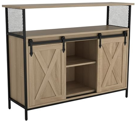 Buffet Relaxdays avec Portes coulissantes, H x L x P : 80 x 100 x 33 cm, 6 étagères, Meuble de Rangement Naturel/Noir