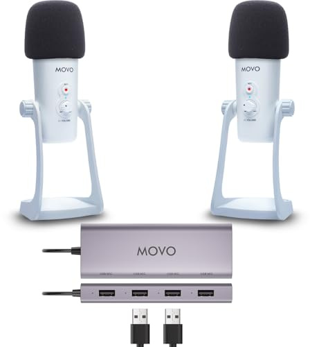 Movo Set di apparecchiature per podcast USB per 2 - Interfaccia USB con 2 microfoni a condensatore UM700 - Hub alimentato a 4 porte per streaming, podcasting, interviste (bianco)