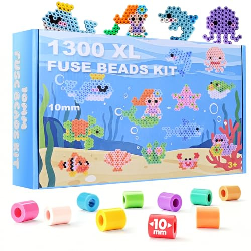 Kit Perline da Stirare 10 mm Grandi, 1300 Pezzi Perline da Stirare con 34 Accessori DIY Fai da Te, Tema Mare Giocattolo Educativo per Bambini da 3 Anni, Regalo per Natale/Pasqua/Compleanno