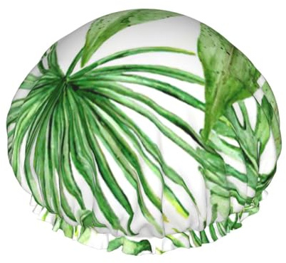 Gorro de ducha con estampado de hojas de plátano de palma tropical para mujer, reutilizable, impermeable, doble capa, con correa elástica, talla única