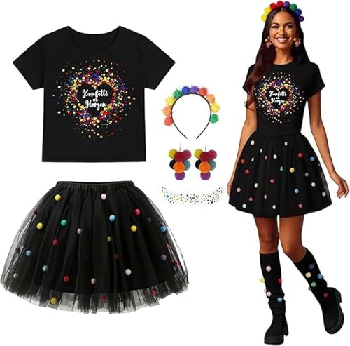 Konfetti Kostüm Damen Konfetti im Herzen Fasching Karneval Konfetti Kostüm Outfit T-Shirt, Weiß Damen Tüllrock, Haarreif Mit Pompoms Bunt, Ohrringe, Aufkleber, Konfetti Tüllrock Karneval Kostüm Set