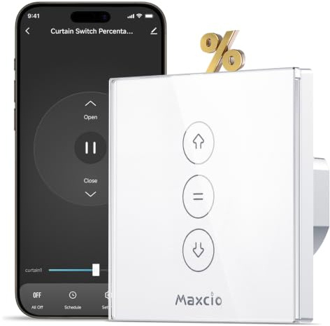 Maxcio Interruptor Persiana WiFi con Control de Porcentaje, Interruptor Inteligente de Cortina Compatible con Alexa y Google Home, Temporizador, Panel de Cristal Táctil, Requiere Cable Neutro