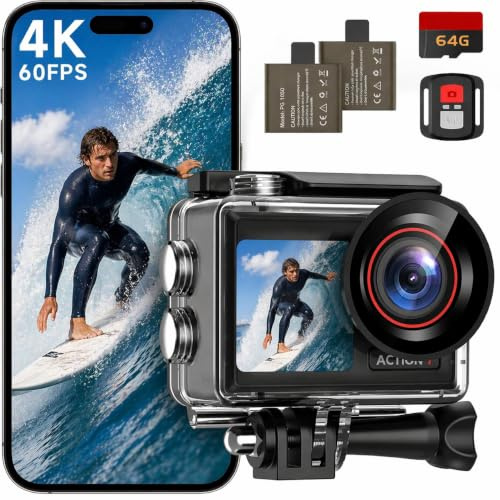 Action Cam 4K 60FPS, 30MP HD Unterwasserkamera Schnorcheln 2 LCD Bildschirm | 40M Unterwasserkamera, Wasserdicht EIS Touchscreen Actioncam mit 64GB Karte, 2.4G Fernbedienung, Zubehör Kit