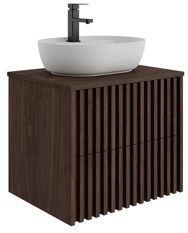 UEV Waschtisch mit Unterschrank, Waschbecken hängend 61cm, Dunkelbraun | Waschbeckenunterschrank, Badmöbel Set, Ovaler Waschbecken aus Keramik, ausreichend Stauraum Platzsparender Badezimmmer Möbel