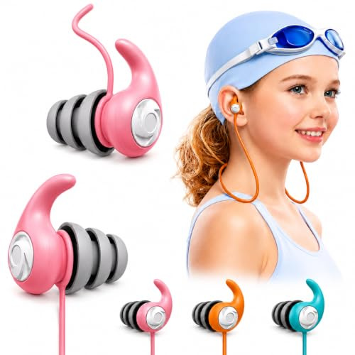 Tapones para los Oídos de Natación para Niños (4-12 Años), 3 Pares de Silicona Impermeable con Cordón Amovible, Reutilizables para Piscina, Ducha y Deportes Acuáticos