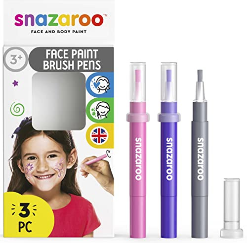 Snazaroo 1180141 Kinderschminke, Schminkstift mit Pinselspitze, 3 Farben Set Fantasie, rosa/lila/silber