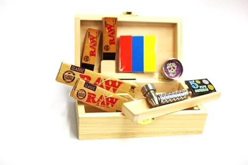 Smokers Wooden Rolling Box Kit Collection with King Size Raw Papers Tips Cone Holder Gift Set For Fathers Day Christmas Birthdays