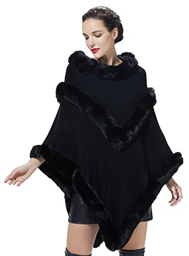 BEAUTELICATE Kunstpelz Poncho Umhang Damen Strick Cape Stola Mit Kunstfell Kragen Herbst Winter Lose Pullover (Schwarz, Einheitsgröße)