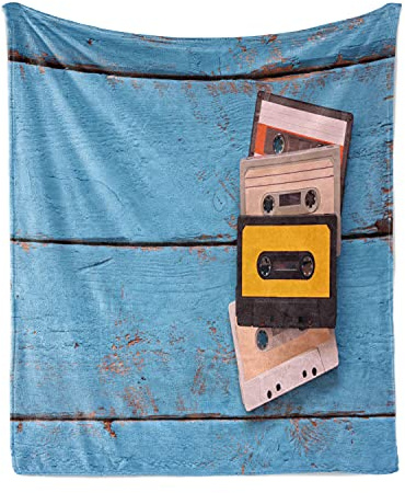 Ambesonne Indie Throw Blanket, Vintage Cassette Tapes on Aqua Wooden Table Close up Photo Retro Music Retro, Flannel Fleece Accent Piece Soft Couch Cover for Adults, 50 x 70, Multicolor