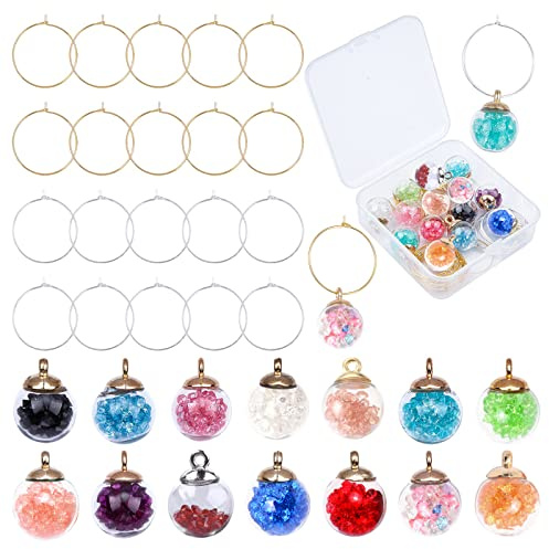 SUNNYCLUE 20Pièces 2Style Marque-Verres etiquettes Étiquettes à Breloques en Verre à Vin Identificateurs de Glass Vin Marqueurs avec 14 pièce de Perles Glass pour Wine Dégustation