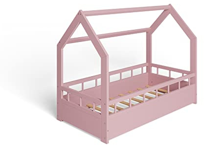 ms factory Hausbett Kinderbett 70x140 cm mit Rausfallschutz und Lattenrost - Einzelbett aus Kiefernholz für Mädchen und Junge - Rosa
