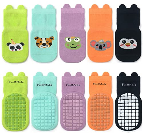 FedMois 5 paia calzini antiscivolo in cotone bimbi bambini motivi animali, Panda, 1-3 anni