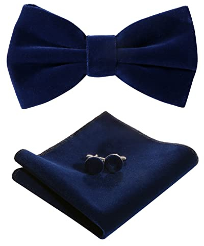 HOULIFE Bow Tie Set for Men – Adjustable Velvet Pre-tied Bowtie, Solid Colour Pocket Square, Cufflinks Set for Groom Wedding Party Formal with Gift Box