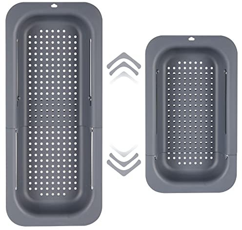 Sieb für Spülbecken, Ausziehbar Siebkorb über der Spüle, Abtropfsieb Waschbecken Seiher Ideal zum Gemüse und Obst waschen, Gekochte Nudeln und Trockengerichte Abtropfen Lassen, 34,5-48 x 6.5 x 20 cm