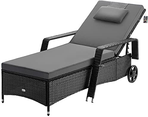Casaria® Sonnenliege mit Rollen 7cm Auflage Extra Breit 90cm Gartenliege Wetterfest 165kg Belastbar Verstellbar Balkonmöbel Liegestuhl Polyrattan Schwarz Anthrazit