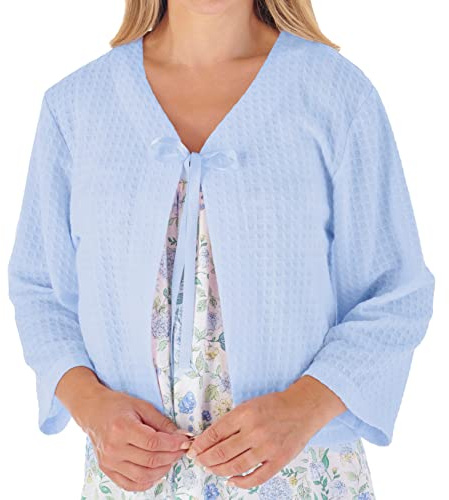 Slenderella Manteau en tricot gaufré à nouer pour femme, manches 3/4, avec ruban et lien, bleu, L