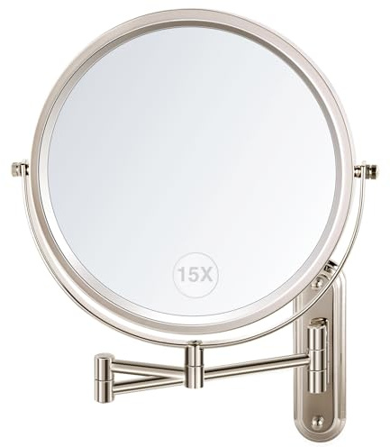 VORREMIRR Wandmontierter Make-up-Spiegel, 15X/1X doppelseitiger Lupespiegel, 8,5 Zoll rund, gebürstetes Nickel, moderner Stil, Raum-Thema, 13 L x 11 W | Doppelseitiger Vergrößerungsspiegel, 21,6 cm, rund, gebürstetes Nickel, moderner Stil, Weltraum-Thema, 33 x 27,9 cm (L x B)