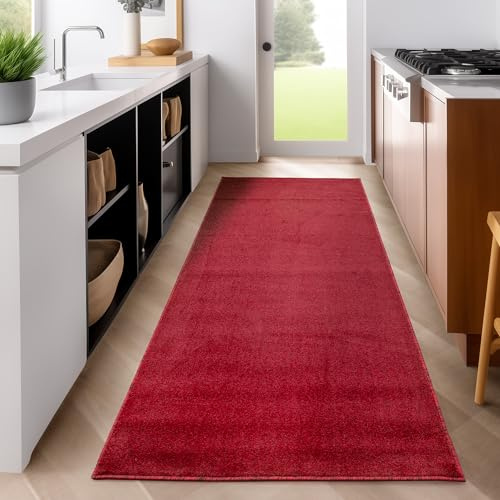 SIMPEX Läufer Teppich 80x250 cm Rot, Kurzflor, Einfarbig, Modernes Design, Rechteckig, Pflegeleicht, Rutschhemmend, Flurmatte für Küche, Korridor, Eingang