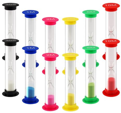 12 Stück Sanduhren Set für Kinder, Farbige Sanduhr Timer Set 30sec, 1min, 2min, 3min, 5min, 10min,Sanduhren Klein Sanduhr Aus Kunststoff für ZäHneputzen,Schule,Küchen, Haus Dekoration Spiel Requisiten