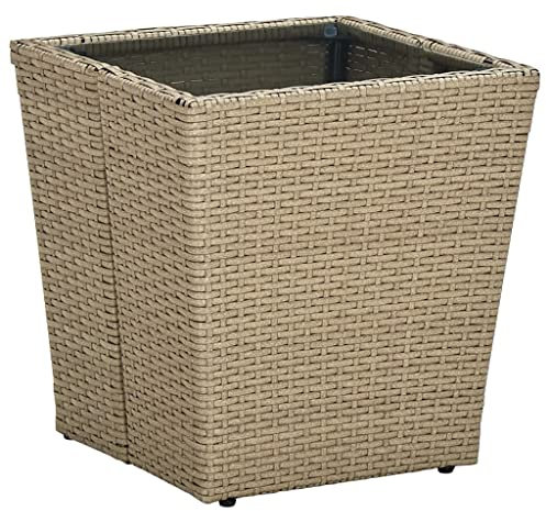 AUVYI Mesa auxiliar beige 41,5 x 41,5 x 44 cm, polirratán y vidrio templado, mesa de póquer, mesa de póquer, mesa de camping, mesa auxiliar, mesa pequeña, mesa de cocina, mesa de cerveza, mesa de