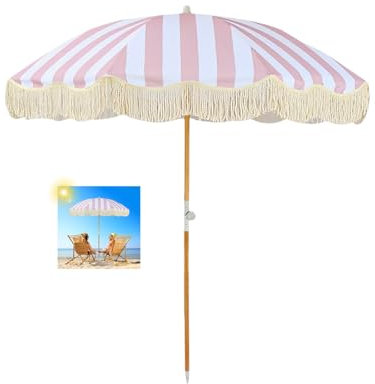 Sonnenschirm 180cm Neigbar Gartenschirm Groß Uv Schutz Strandschirm Mit Quasten Marktschirm Wasserdicht Mit Tragetasche Für Garten Terrasse Pool Balkon/8 Rippen ( Color : Pink Stripe , Size : 180cm/5.