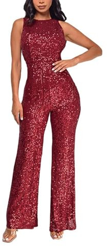Damen Glitzer Metallic Pailletten Ärmellos Jumpsuits Cocktail Sexy Rückenfrei Hohe Taille Weites Bein Lange Hose Strampler Langer Overall für Frauen Formal