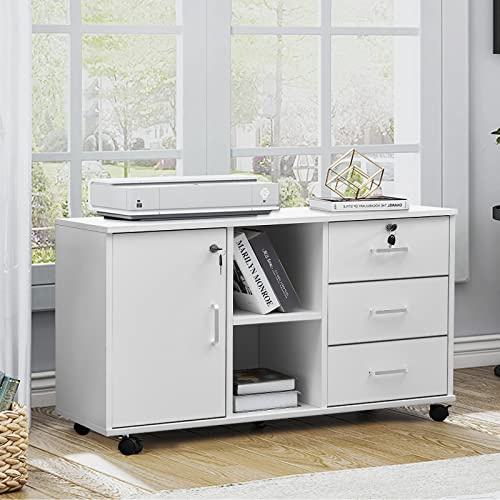 CLIPOP Rollcontainer abschließbar, 3 Schubladen + offenes Fach, 90*40*57 cm | Mobiler Aktenschrank Abschließbare,Für unter den Schreibtisch, für A4-Papier, Briefe & Ordner, weiß, mobil Büromöbel