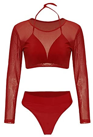 Badeanzug Sexy Pole Dance Outfit Damen Sommer Sexy Mesh Suspender Bikini Briefs Mesh Smock Dreiteiliges Set Sport Bikini Bauchweg (Wine, S)