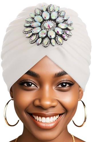 Bohend Sombrero turbante con diamantes de imitación para mujer, elástico, preatado, cubierta para la cabeza, capó musulmán con cristales, pañuelo plisado, Blanco, Talla única