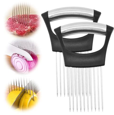 2026 New Onion Holder for Slicing, Stainless Steel Onion Slice Holder Vegetable Slicer Cutter for Potato and Tomato, Kitchen Chopper Slicing Assistant Tool Lemon Slicer Onion Cutter for Slicing (2PCS)